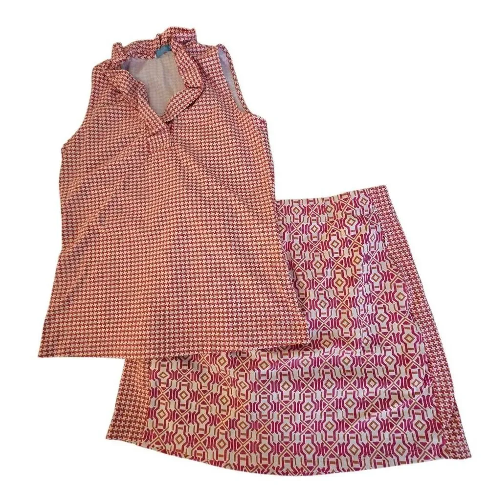 J. McLaughlin Womens 2-Piece Golf Ruffle Top and Skort Set Pink White Sz Small